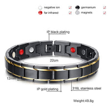 Load image into Gallery viewer, Europe and America Style Fashion Men Jewelry Stainless Steel + Gold-mounted Plating Magnetic Health Bracelet, Size: 12mm*22cm (Black+Gold), Size: 12mm*22cm (Black+Gold)