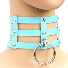 Load image into Gallery viewer, Harajuku Fashion Punk Gothic Rivets Collar Hand 3-rows Caged Leather Collar Necklace, (Green), (Red+Yellow+Red), (White+Dark Blue+Red), (Baby Blue), (Gold), (Baby Blue+White+Baby Blue), (Red+White+Green), (Dark Blue+White+Red), (Red+White+Red), (White)...