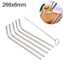 Load image into Gallery viewer, 5pcs Reusable Stainless Steel Bent Drinking Straw + Cleaner Brush Set Kit,  266*6mm, 266*6mm (Bent)