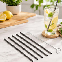 Load image into Gallery viewer, 5pcs Reusable Stainless Steel Straight Drinking Straw + Cleaner Brush Set Kit,  266*6mm, 266*6mm (Straight)