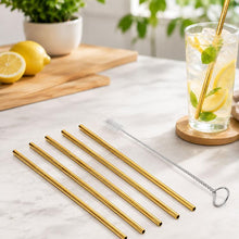 Load image into Gallery viewer, 5pcs Reusable Stainless Steel Straight Drinking Straw + Cleaner Brush Set Kit,  266*6mm, 266*6mm (Straight)