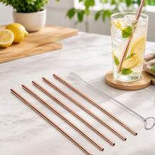 Load image into Gallery viewer, 5pcs Reusable Stainless Steel Straight Drinking Straw + Cleaner Brush Set Kit,  266*6mm, 266*6mm (Straight)