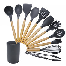Load image into Gallery viewer, kn020 11 in 1 Wooden Handle Silicone Non-stick Spatula Spoon Kitchen Tool + Bucket Set, 11 in 1 with Bucket