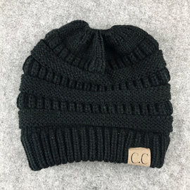 CC Letter Ponytail Cap Knitting Hat for Ladies, Black, Grey, Magenta, Black+Grey, Red, Baby Blue, White, Wine Red, Brown