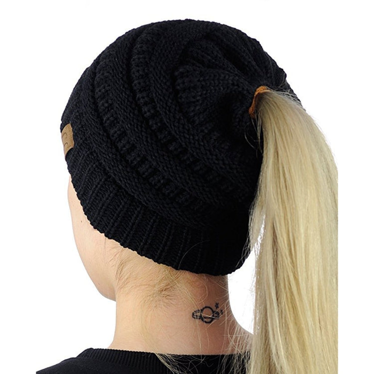 CC Letter Ponytail Cap Knitting Hat for Ladies, White, Wine Red, Brown, Black, Grey, Magenta, Black+Grey, Red, Baby Blue
