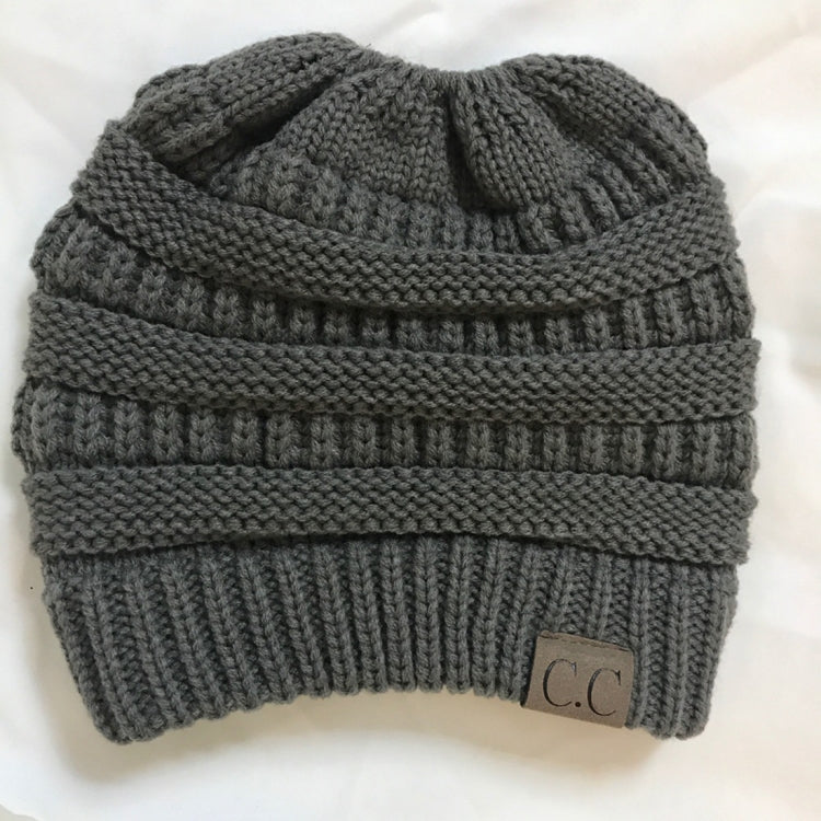 CC Letter Ponytail Cap Knitting Hat for Ladies, Grey, Magenta, Black+Grey, Red, Baby Blue, White, Wine Red, Brown, Black