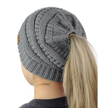 Load image into Gallery viewer, CC Letter Ponytail Cap Knitting Hat for Ladies, White, Wine Red, Brown, Black, Grey, Magenta, Black+Grey, Red, Baby Blue