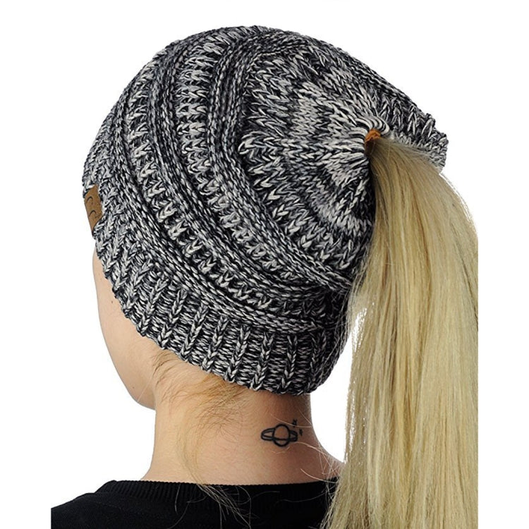 CC Letter Ponytail Cap Knitting Hat for Ladies, White, Wine Red, Brown, Black, Grey, Magenta, Black+Grey, Red, Baby Blue