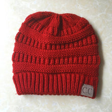 Load image into Gallery viewer, CC Letter Ponytail Cap Knitting Hat for Ladies, Red, Baby Blue, White, Wine Red, Brown, Black, Grey, Magenta, Black+Grey
