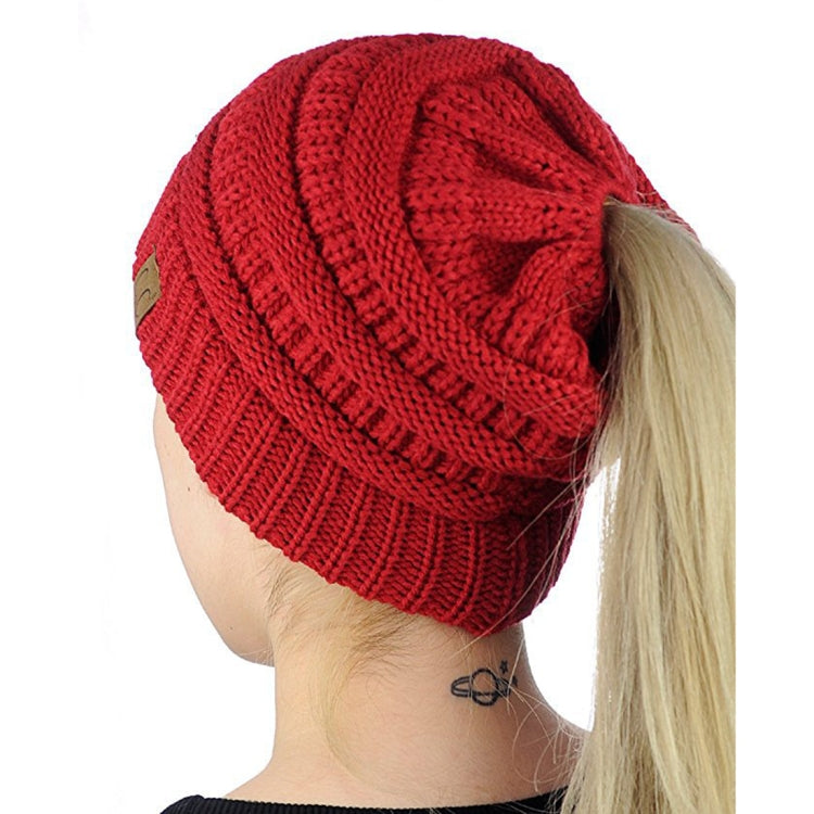 CC Letter Ponytail Cap Knitting Hat for Ladies, White, Wine Red, Brown, Black, Grey, Magenta, Black+Grey, Red, Baby Blue