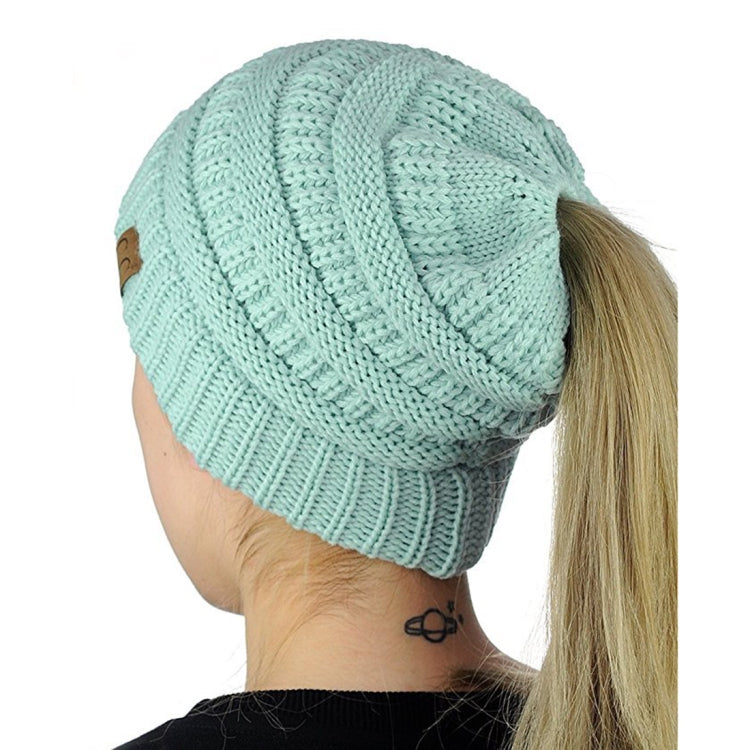 CC Letter Ponytail Cap Knitting Hat for Ladies, Brown, Black, Grey, Magenta, Black+Grey, Red, Baby Blue, White, Wine Red