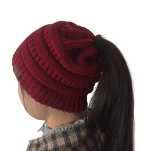 Load image into Gallery viewer, CC Letter Ponytail Cap Knitting Hat for Ladies, White, Wine Red, Brown, Black, Grey, Magenta, Black+Grey, Red, Baby Blue