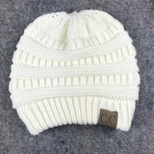 Load image into Gallery viewer, CC Letter Ponytail Cap Knitting Hat for Ladies, White, Wine Red, Brown, Black, Grey, Magenta, Black+Grey, Red, Baby Blue