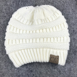 CC Letter Ponytail Cap Knitting Hat for Ladies, White, Wine Red, Brown, Black, Grey, Magenta, Black+Grey, Red, Baby Blue