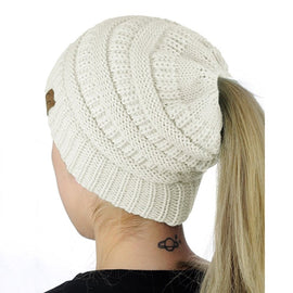 CC Letter Ponytail Cap Knitting Hat for Ladies, White, Wine Red, Brown, Black, Grey, Magenta, Black+Grey, Red, Baby Blue