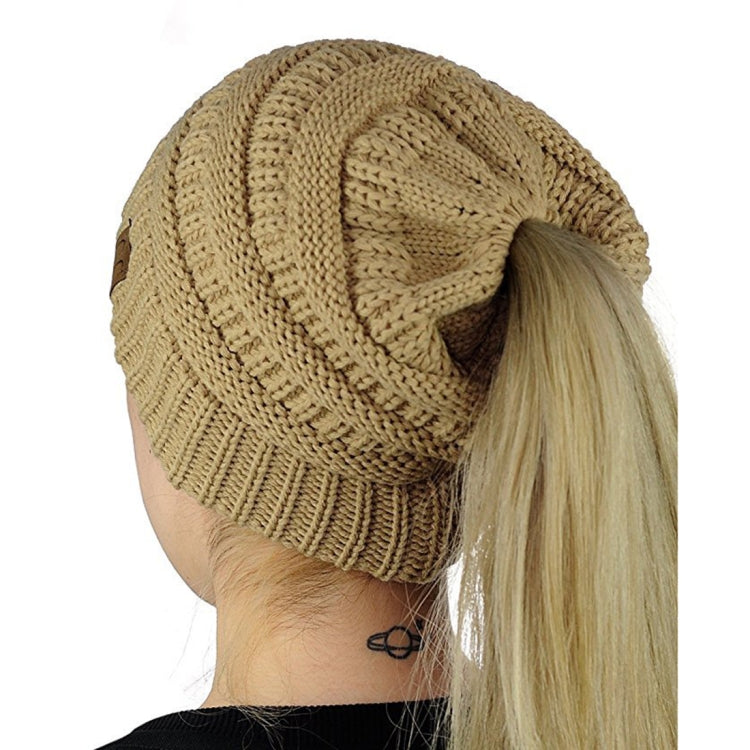 CC Letter Ponytail Cap Knitting Hat for Ladies, White, Wine Red, Brown, Black, Grey, Magenta, Black+Grey, Red, Baby Blue