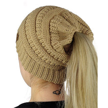 Load image into Gallery viewer, CC Letter Ponytail Cap Knitting Hat for Ladies, White, Wine Red, Brown, Black, Grey, Magenta, Black+Grey, Red, Baby Blue