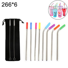 Load image into Gallery viewer, 8 PCS Reusable Silicone Tips Stainless Steel Drinking Straws + 2 PCS Cleaner Brushes Set Kit with Cashmere Bag,  266*6mm, 266*6mm