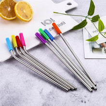 Load image into Gallery viewer, 8 PCS Reusable Silicone Tips Stainless Steel Drinking Straws + 2 PCS Cleaner Brushes Set Kit with Cashmere Bag,  266*6mm, 266*6mm
