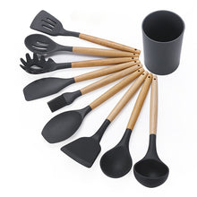 Load image into Gallery viewer, kn082 9 in 1 Wooden Handle Silicone Kitchen Tool Set with Storage Bucket, Black, Pink, Green