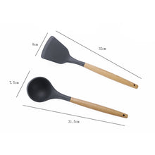 Load image into Gallery viewer, kn082 9 in 1 Wooden Handle Silicone Kitchen Tool Set with Storage Bucket, Black, Pink, Green