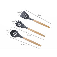 Load image into Gallery viewer, kn082 9 in 1 Wooden Handle Silicone Kitchen Tool Set with Storage Bucket, Black, Pink, Green