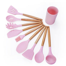 Load image into Gallery viewer, kn082 9 in 1 Wooden Handle Silicone Kitchen Tool Set with Storage Bucket, Black, Pink, Green