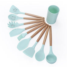 Load image into Gallery viewer, kn082 9 in 1 Wooden Handle Silicone Kitchen Tool Set with Storage Bucket, Black, Pink, Green
