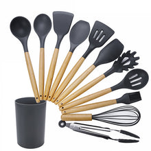 Load image into Gallery viewer, kn082 11 in 1 Wooden Handle Silicone Kitchen Tool Set with Storage Bucket, Black, Pink, Green
