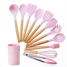 Load image into Gallery viewer, kn082 11 in 1 Wooden Handle Silicone Kitchen Tool Set with Storage Bucket, Black, Pink, Green