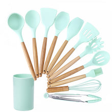 Load image into Gallery viewer, kn082 11 in 1 Wooden Handle Silicone Kitchen Tool Set with Storage Bucket, Black, Pink, Green
