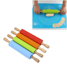Load image into Gallery viewer, kn055 Solid Wooden Handle Silicone Rolling Pin Non-stick Food Dumpling Stick, Length: 29cm, Random Color Delivery, 29cm