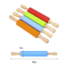 Load image into Gallery viewer, kn055 Solid Wooden Handle Silicone Rolling Pin Non-stick Food Dumpling Stick, Length: 38cm, Random Color Delivery, 38cm
