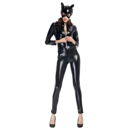 Halloween Costume Patent Leather Cat Girl Neutral Sexy Motorcycle Clothing Stage Performance Cosplay Clothing, Size:L, Bust: 85-90cm, Waistline:72-76cm, Clothes Long:140cm, Size: L Adult
