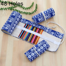 Load image into Gallery viewer, 48 Slots Ethnic Elephant Print Pen Bag Canvas Pencil Wrap Curtain Roll Up Pencil Case Stationery Pouch, 48 Slots