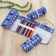 Load image into Gallery viewer, 48 Slots Ethnic Elephant Print Pen Bag Canvas Pencil Wrap Curtain Roll Up Pencil Case Stationery Pouch, 48 Slots