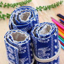 Load image into Gallery viewer, 48 Slots Ethnic Elephant Print Pen Bag Canvas Pencil Wrap Curtain Roll Up Pencil Case Stationery Pouch, 48 Slots