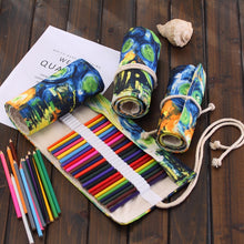 Load image into Gallery viewer, 48 Slots Van Gogh Oil Painting Print Pen Bag Canvas Pencil Wrap Curtain Roll Up Pencil Case Stationery Pouch, 48 Slots