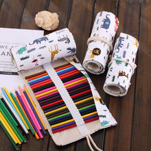 Load image into Gallery viewer, 36 Slots Cartoon Animal Print Pen Bag Canvas Pencil Wrap Curtain Roll Up Pencil Case Stationery Pouch, 36 Slots