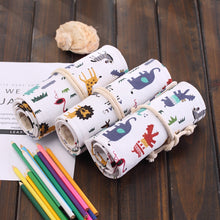 Load image into Gallery viewer, 36 Slots Cartoon Animal Print Pen Bag Canvas Pencil Wrap Curtain Roll Up Pencil Case Stationery Pouch, 36 Slots