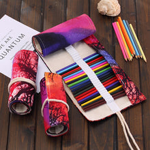 Load image into Gallery viewer, 48 Slots Sunset Tree Print Pen Bag Canvas Pencil Wrap Curtain Roll Up Pencil Case Stationery Pouch, 48 Slots