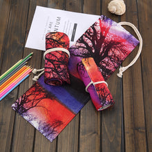 Load image into Gallery viewer, 48 Slots Sunset Tree Print Pen Bag Canvas Pencil Wrap Curtain Roll Up Pencil Case Stationery Pouch, 48 Slots