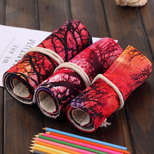 Load image into Gallery viewer, 48 Slots Sunset Tree Print Pen Bag Canvas Pencil Wrap Curtain Roll Up Pencil Case Stationery Pouch, 48 Slots
