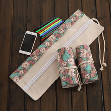 Load image into Gallery viewer, 36 Slots Rose Clock Print Pen Bag Canvas Pencil Wrap Curtain Roll Up Pencil Case Stationery Pouch, 36 Slots