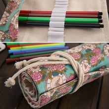 Load image into Gallery viewer, 36 Slots Rose Clock Print Pen Bag Canvas Pencil Wrap Curtain Roll Up Pencil Case Stationery Pouch, 36 Slots
