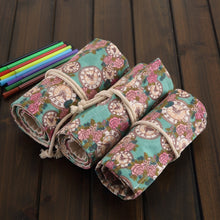 Load image into Gallery viewer, 36 Slots Rose Clock Print Pen Bag Canvas Pencil Wrap Curtain Roll Up Pencil Case Stationery Pouch, 36 Slots