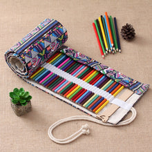 Load image into Gallery viewer, 72 Slots Ethnic Print Pen Bag Canvas Pencil Wrap Curtain Roll Up Pencil Case Stationery Pouch, 72 Slots
