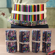 Load image into Gallery viewer, 72 Slots Ethnic Print Pen Bag Canvas Pencil Wrap Curtain Roll Up Pencil Case Stationery Pouch, 72 Slots