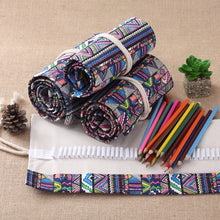 Load image into Gallery viewer, 72 Slots Ethnic Print Pen Bag Canvas Pencil Wrap Curtain Roll Up Pencil Case Stationery Pouch, 72 Slots