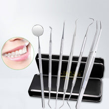 Load image into Gallery viewer, 6 in 1 Dental Tool Set (Stainless Steel Probe + Hoe-shaped Dentist + Sickle Dentist + Tooth Stain Rejection Device + Dental Tweezers + Mouth Mirror), 6 in 1
